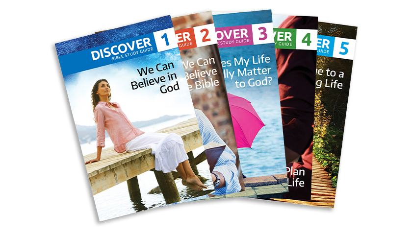 Discover Bible Study Guides 1 through 5, fanned out